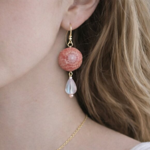 Patch & Roam Jewelry - Patch & Roam Fossilized Pink Coral dangle earrings teardrop opalite nickel free